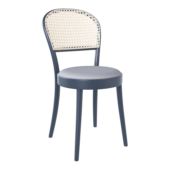 Navy blue chair with a woven rattan back and gray padded seat, featuring a modern, minimalist design.