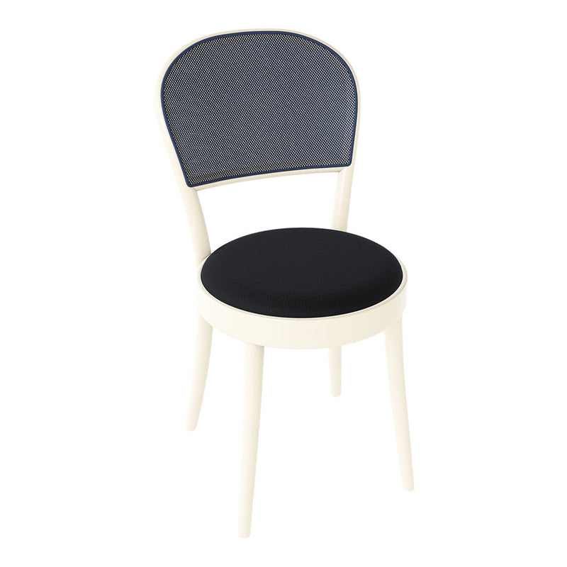 Cream chair with a textured dark blue backrest and black seat, perfect for modern decor.