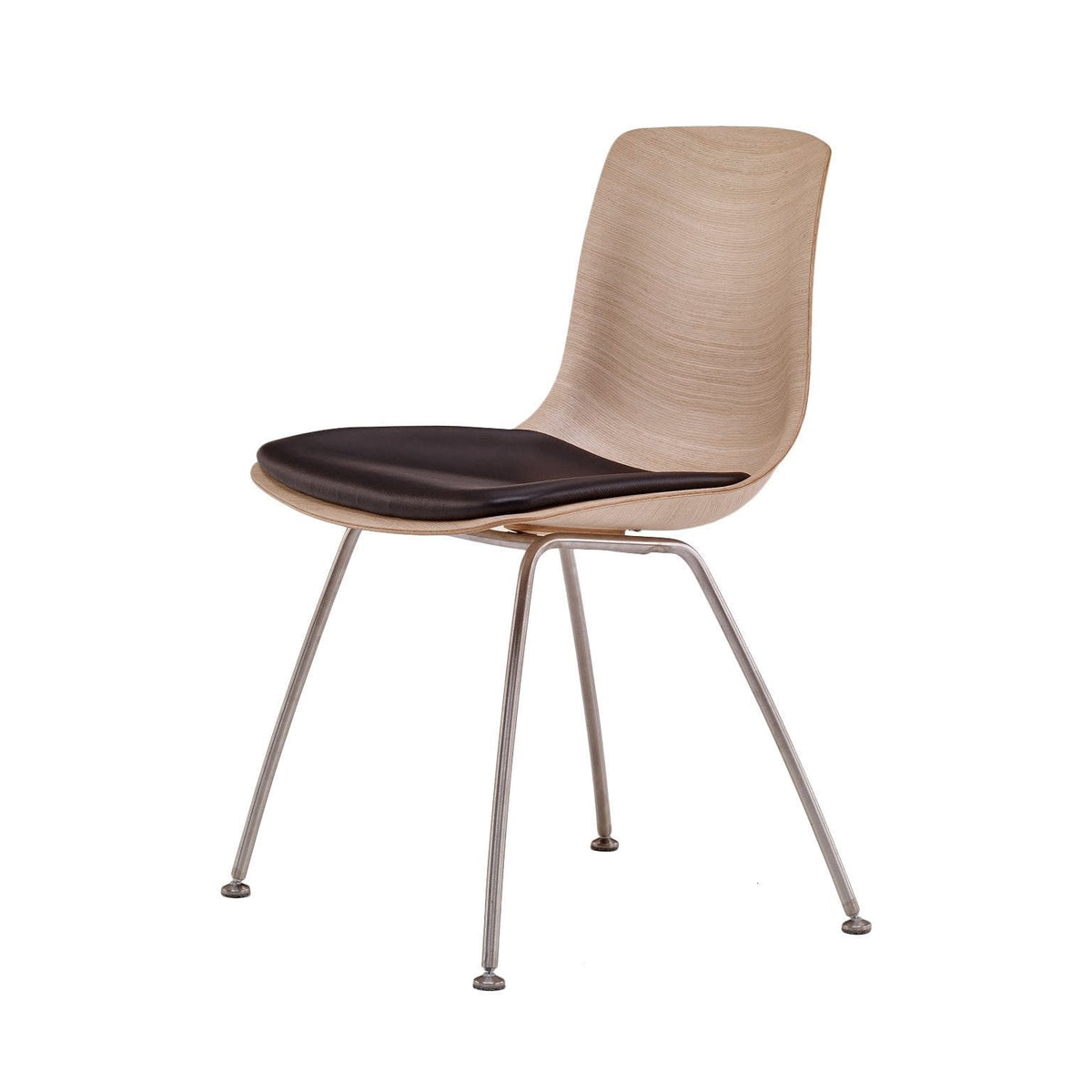 Minimalist chair with a light wood finish and a sleek black cushion, complemented by slim metal legs.