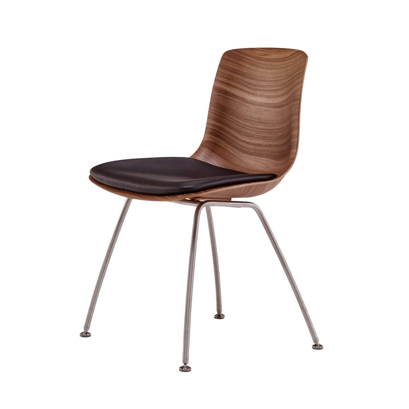 Wooden chair with a sleek brown seat and black cushion, featuring minimalist design and silver metal legs.