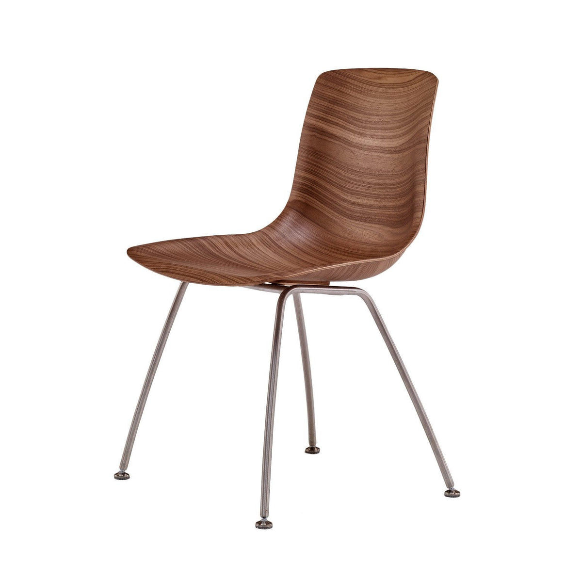 Modern brown wooden chair with a smooth, curved silhouette and sleek silver metal legs.