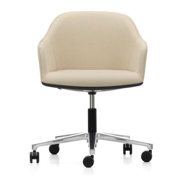 Beige upholstered office chair with a sleek, modern design and chrome base, featuring smooth, minimalist lines.