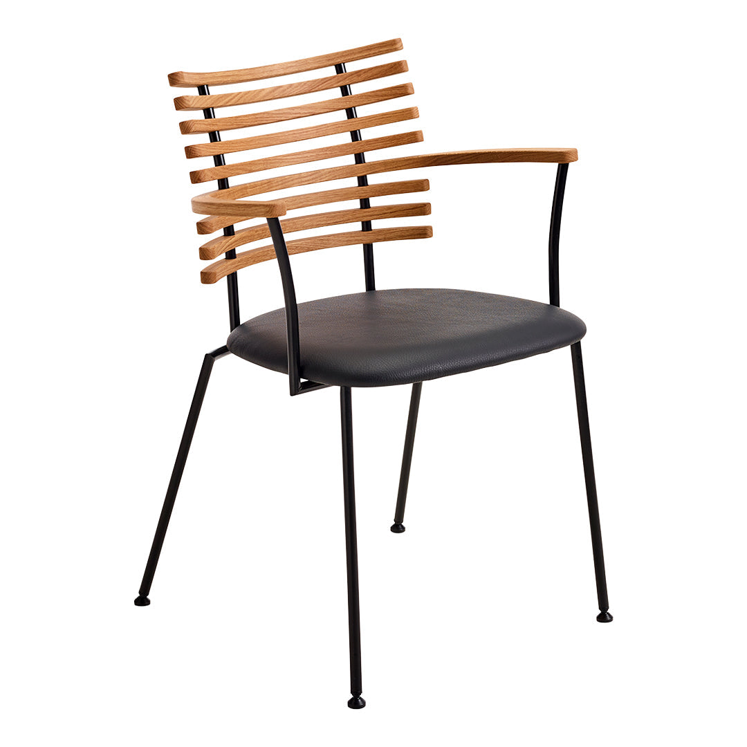 Black seat chair with stylish wooden slatted backrest and sleek black metal legs, perfect for modern decor.