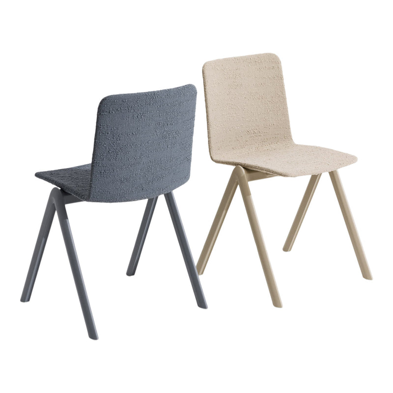 Gray and beige upholstered chairs with sleek, modern designs and contrasting wooden legs. Perfect for any contemporary space.