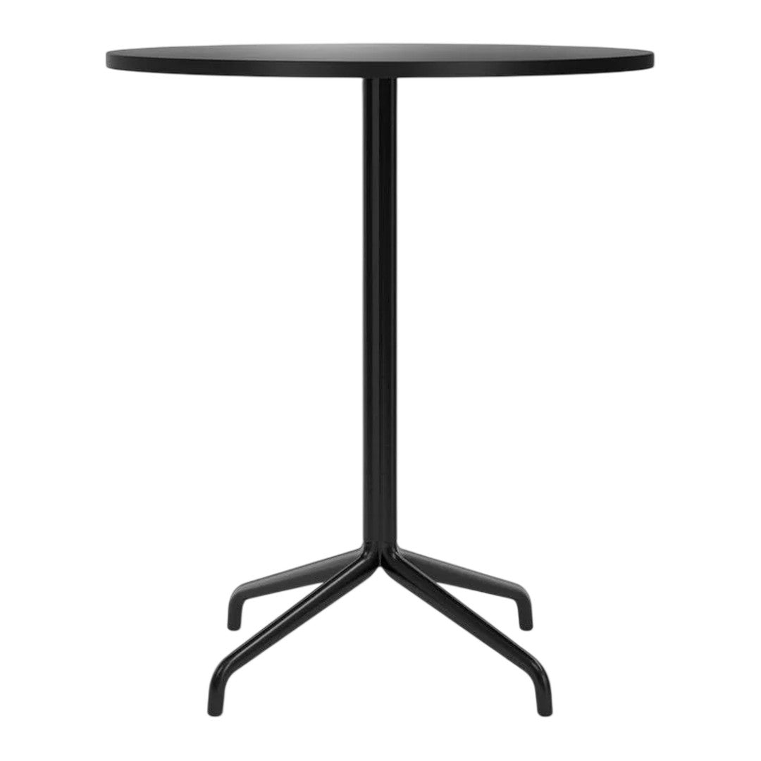 Black round tabletop with a sleek, minimalist design and a sturdy black metal base featuring a classic four-legged support.