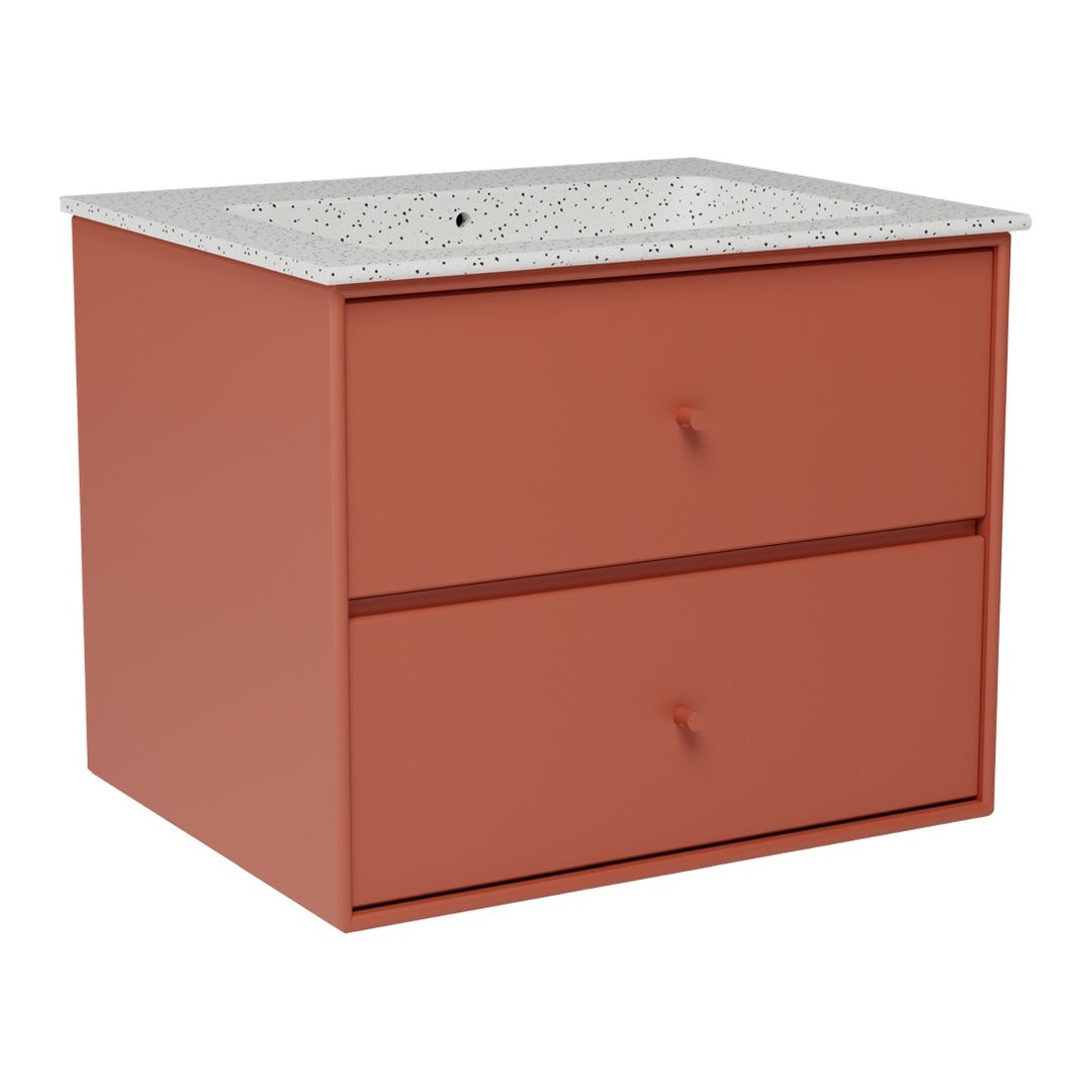 Terra-cotta colored cabinet with a textured white speckled top and two matching drawers.