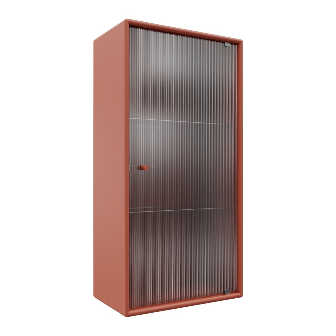 Rust-orange storage cabinet with sleek, vertical ribbed patterns and a smooth, glossy finish.