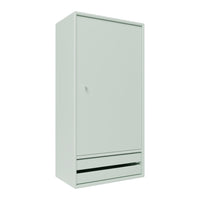 Light mint green wardrobe with a sleek, minimal design and a single door, featuring a bottom drawer.