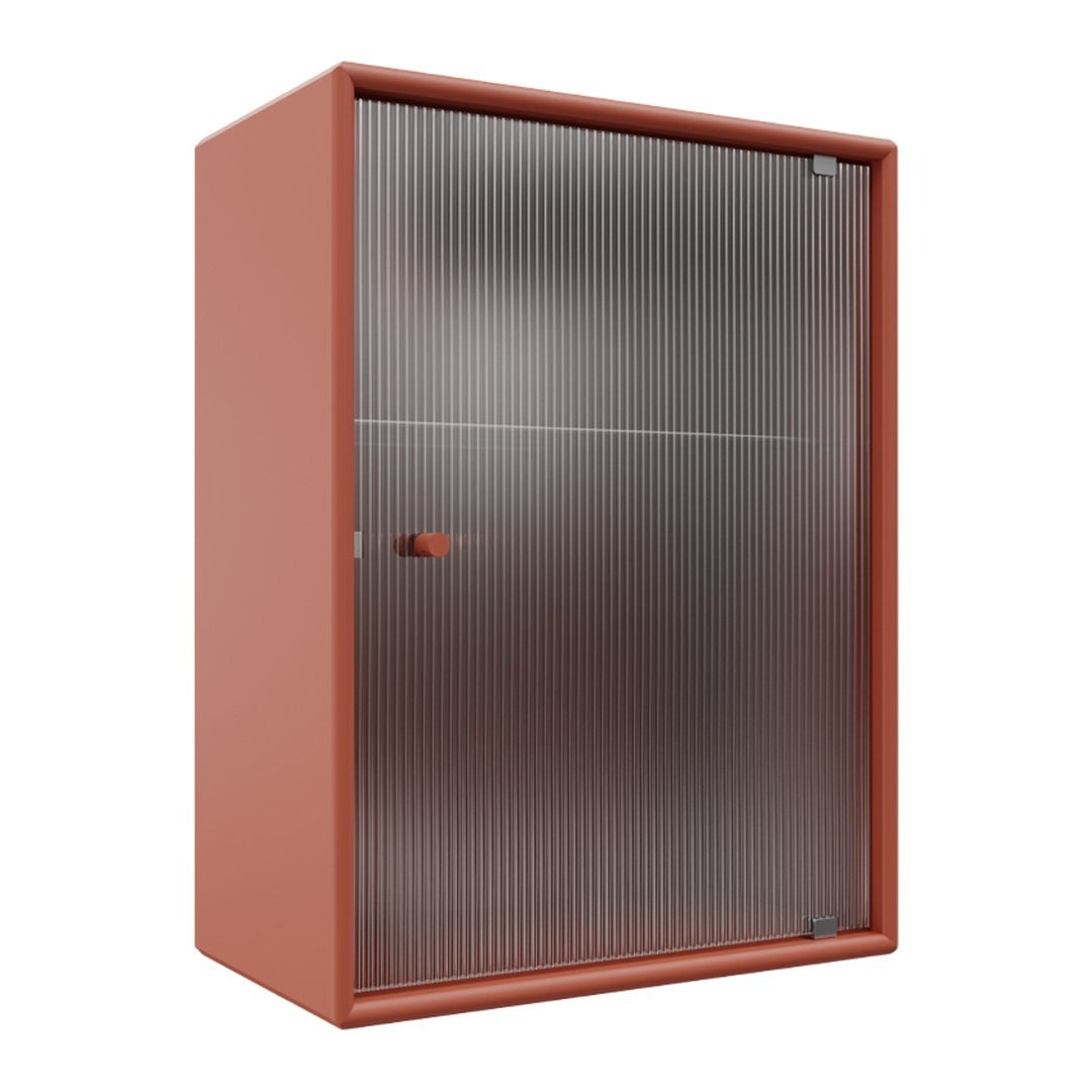 "Rust-colored cabinet featuring a sleek vertical ribbed pattern and a silver-toned front."