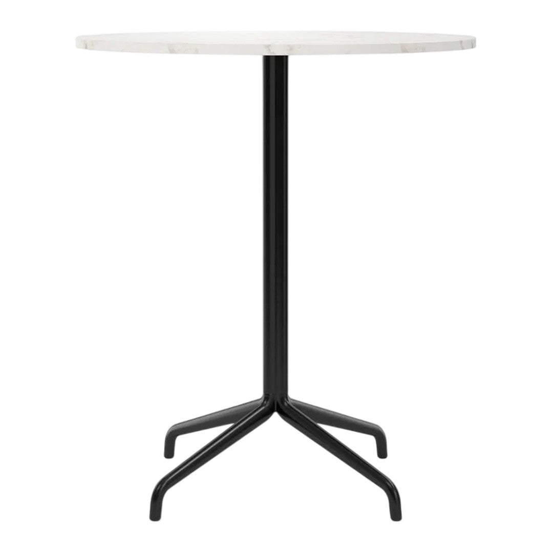 Round marble tabletop in white with a sleek black metal base, featuring a minimalist design. Perfect for modern decor.