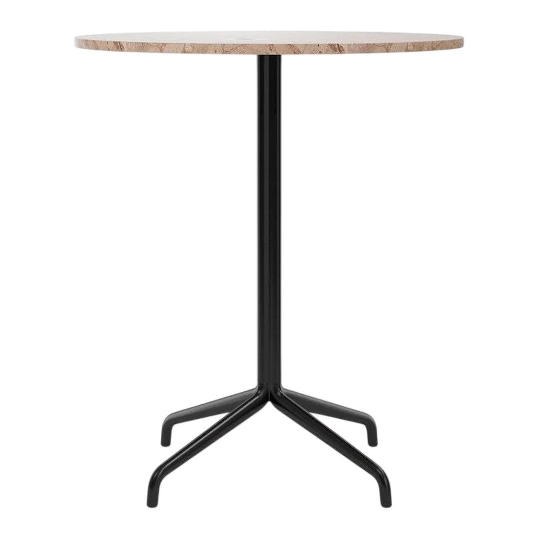 Round marble-patterned tabletop in beige and white on a sleek black metal base. Perfect for modern decor.