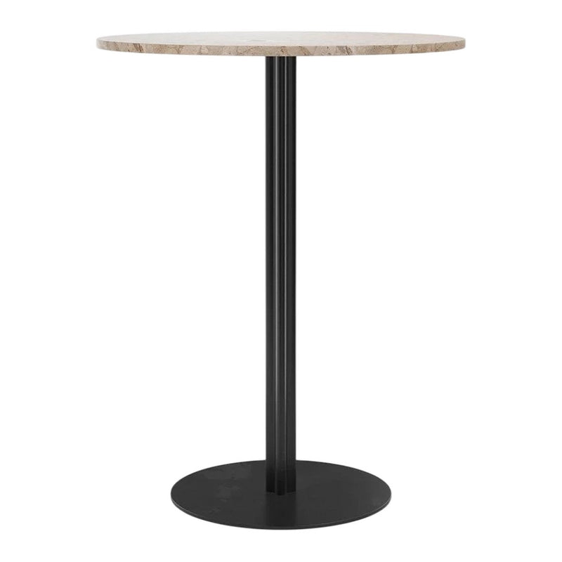 Round marble top bar table with a black metal base, featuring a sleek and modern design. Ideal for stylish spaces.