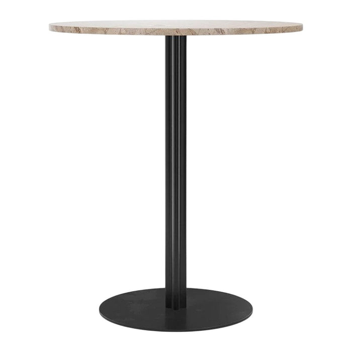 Round table with a light beige marble top and a sleek black metal base, perfect for modern decor.