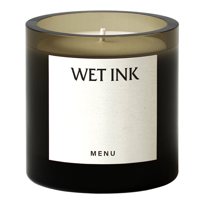 Black candle jar with a smooth gradient and a sleek, minimalist label design. Elegant and modern aesthetic.