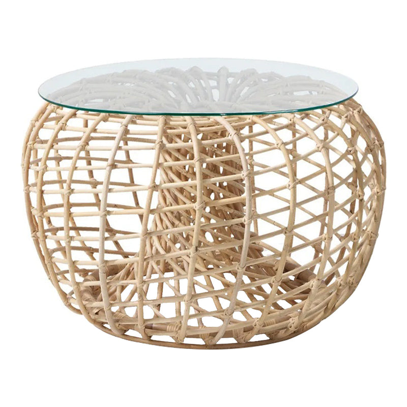 Natural woven rattan table base with a circular glass top, showcasing a light tan color and intricate crisscross pattern.