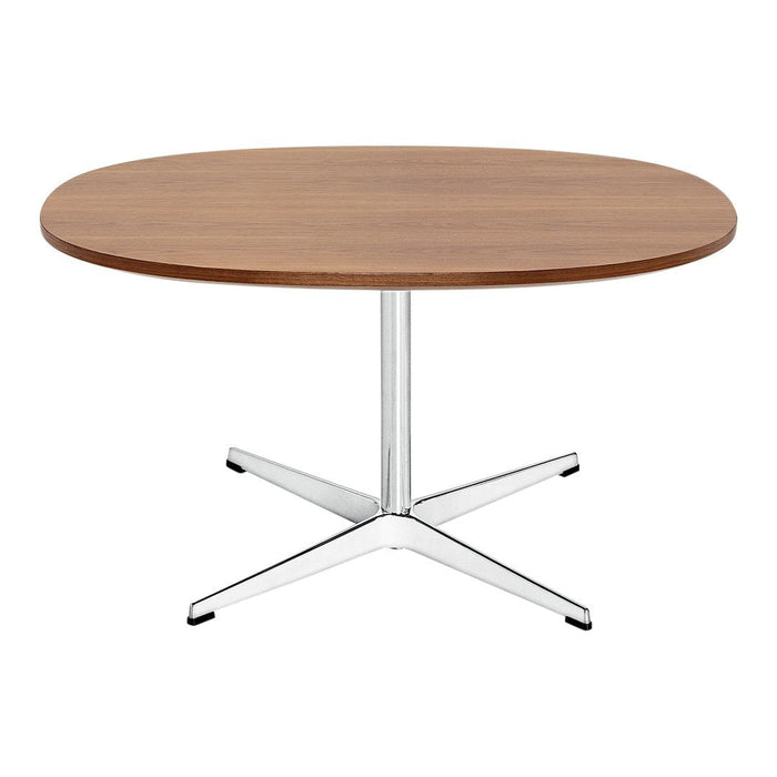 Round walnut dining table with a sleek chrome base, showcasing a smooth wood grain finish and minimalist design.