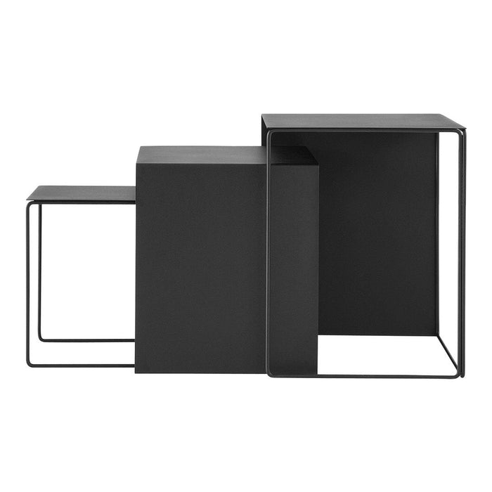 Set of three modern black nesting tables with sleek lines and minimalistic design. Perfect for contemporary decor.