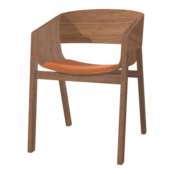 "Wooden chair with a rich brown finish and a vibrant orange seat cushion, showcasing a sleek, minimal design."