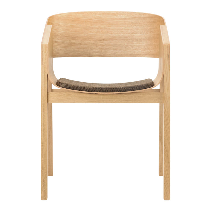 Natural wood chair with a light finish and dark patterned seat cushion, offering a modern and minimalist look.