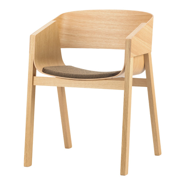 Natural wood finish armchair with light beige cushion and minimalist design. Perfect for modern decor.