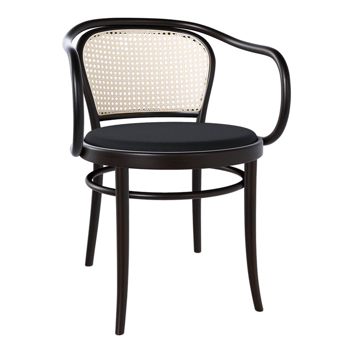 Black and cane-backed chair with a sleek, modern design and simple, elegant lines. Perfect for contemporary spaces.