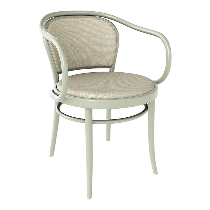 Light green chair with a natural beige upholstered seat and minimalist curved design. Perfect for modern decor.
