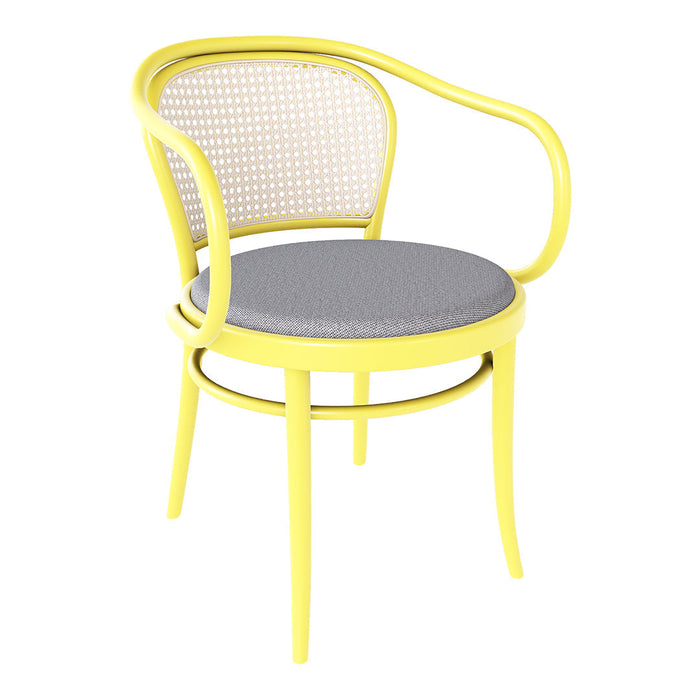 Bright yellow chair with caned back and gray upholstered seat, featuring a modern design and playful color contrast.