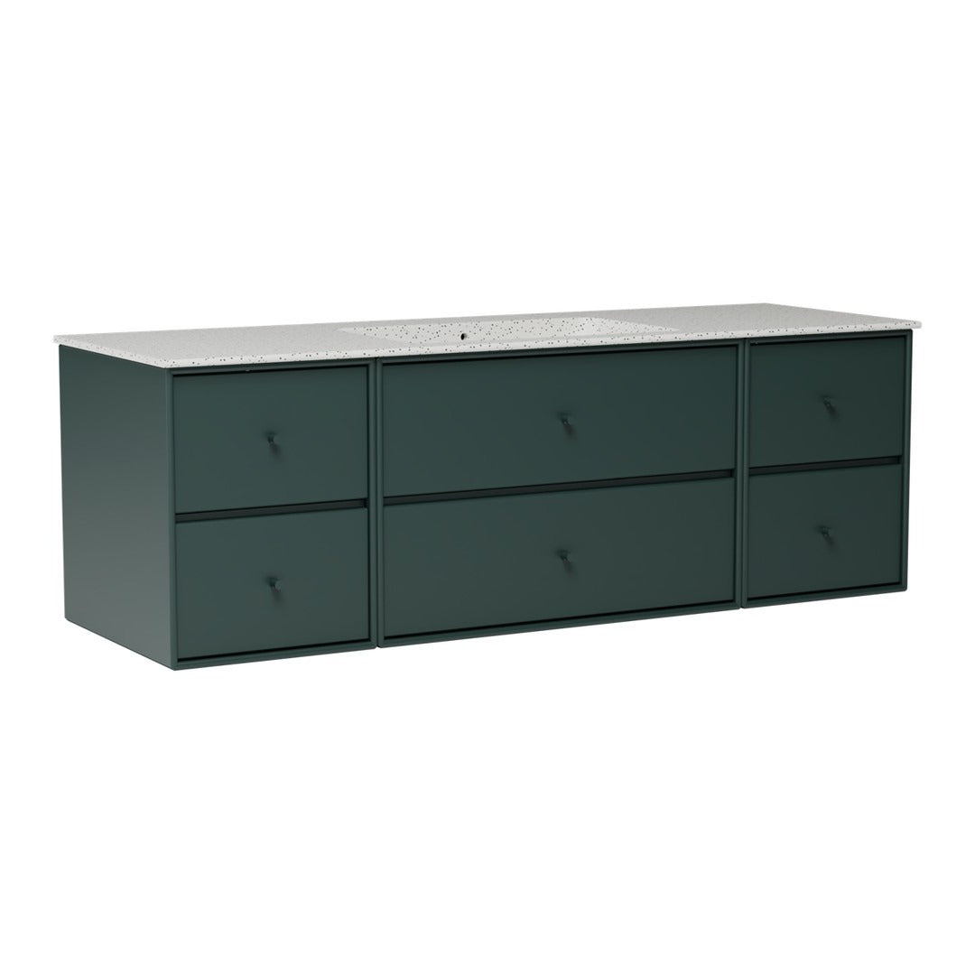 Dark green storage dresser with a sleek design and light gray top, featuring multiple drawers for organization.