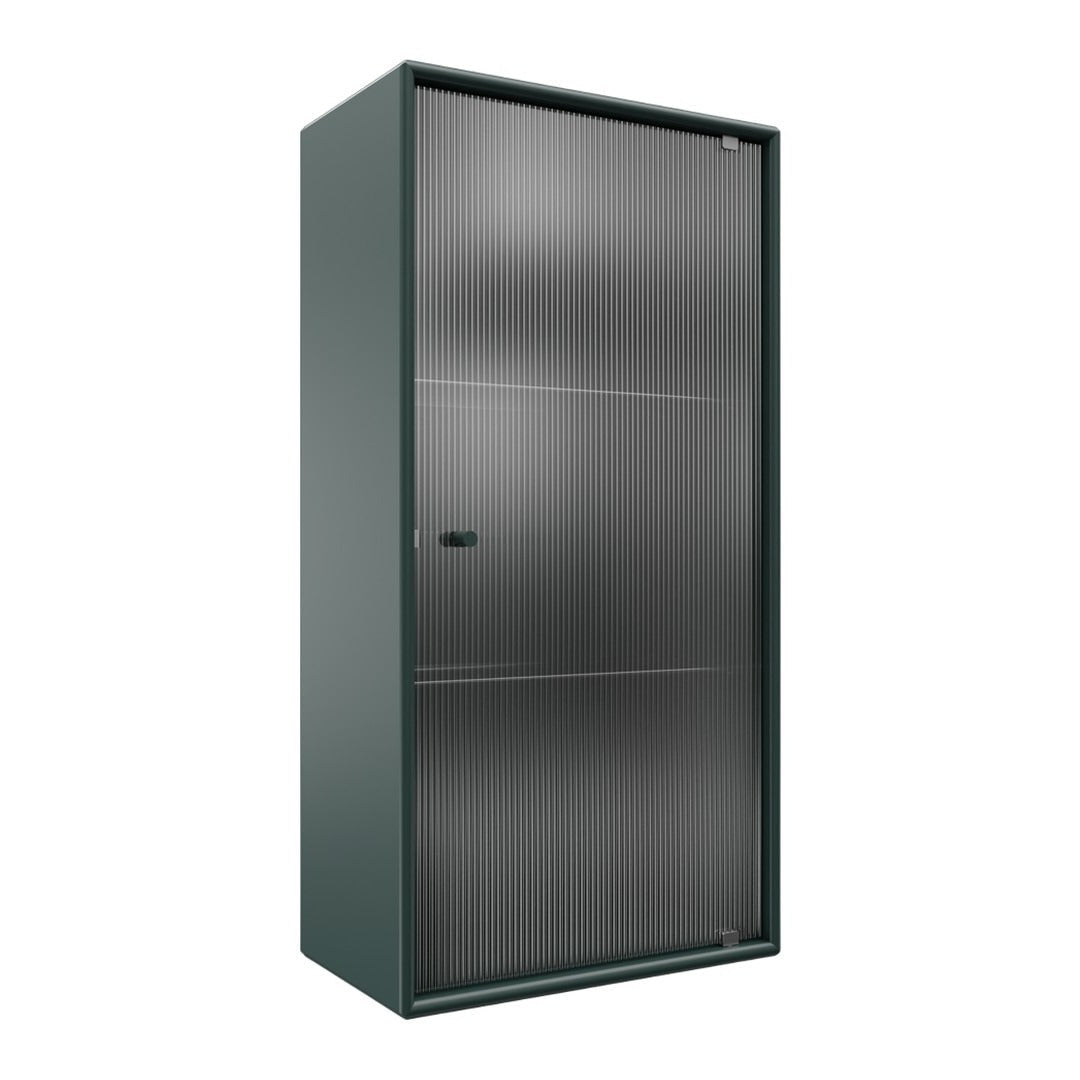 Green metal storage cabinet with a sleek, smooth finish and ribbed door patterns.