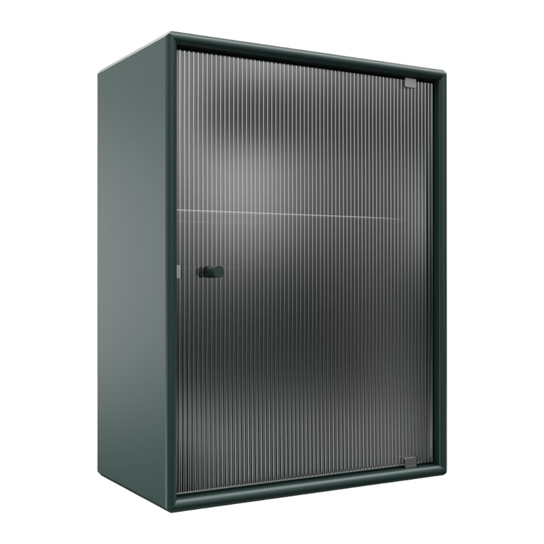 Dark green storage cabinet with a sleek, vertical ribbed pattern on the door, featuring a matte finish.