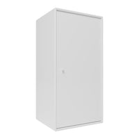 White metal storage cabinet with a minimalistic design, featuring a smooth, glossy finish and no visible patterns.