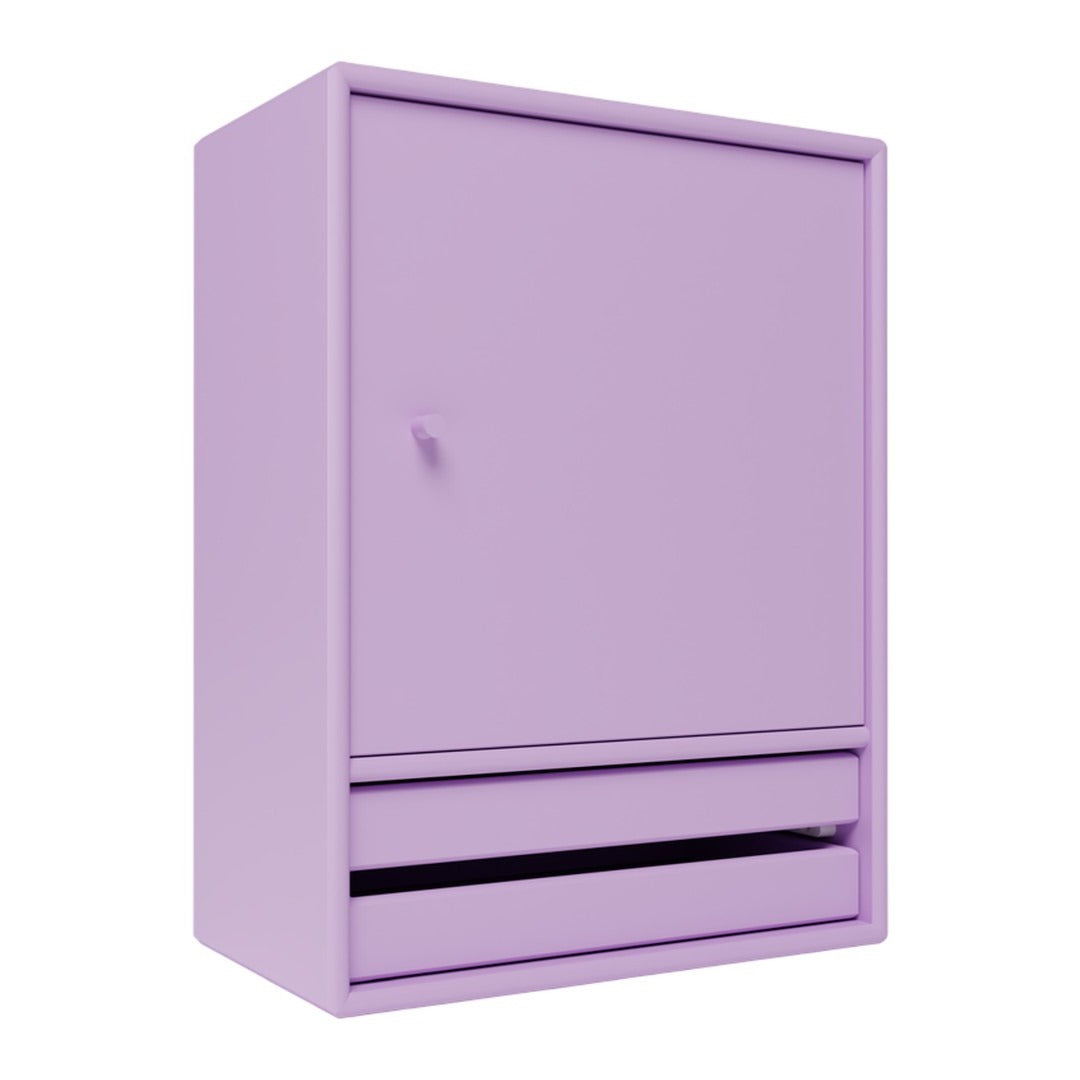 Purple storage cabinet with a smooth finish and minimalist design, featuring a single door and one drawer.