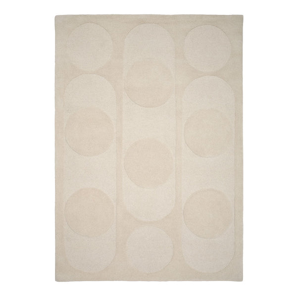 Beige rug featuring a modern pattern with large, soft overlapping circles for a minimalist look.