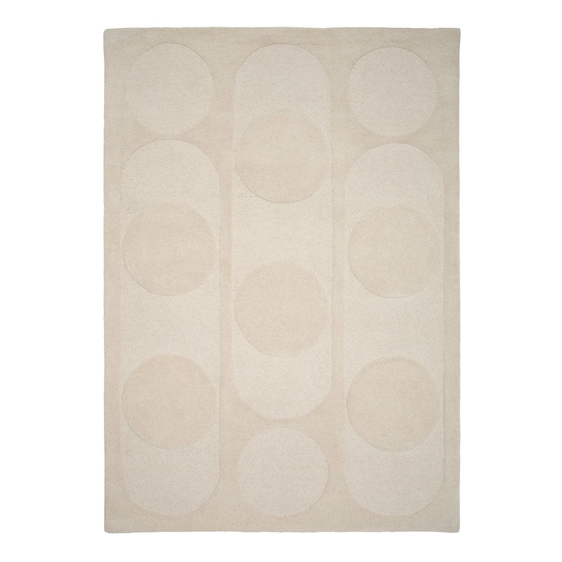 Beige rug featuring a modern pattern with large, soft overlapping circles for a minimalist look.
