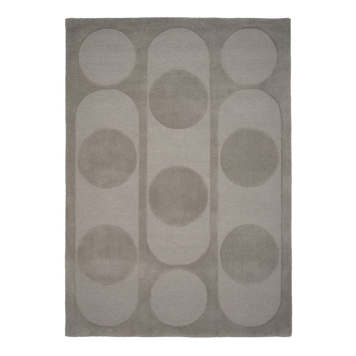 Gray area rug featuring a circular pattern with alternating smooth and textured circles. Perfect for modern decor.