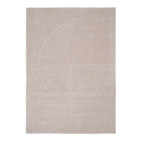 Beige area rug with minimalistic geometric patterns in soft tones, featuring smooth lines and a modern design.