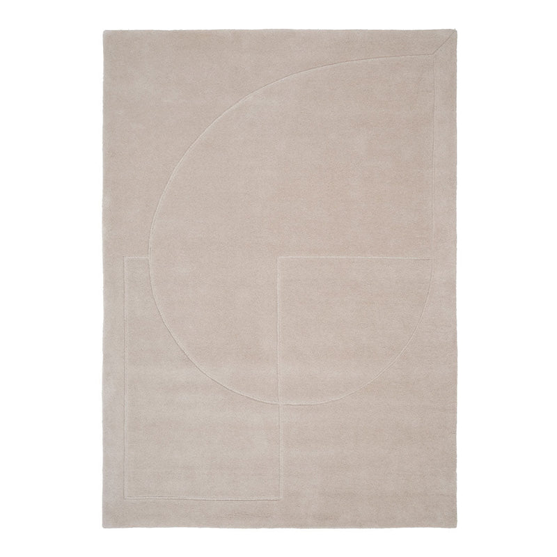 Beige area rug with minimalistic geometric patterns in soft tones, featuring smooth lines and a modern design.