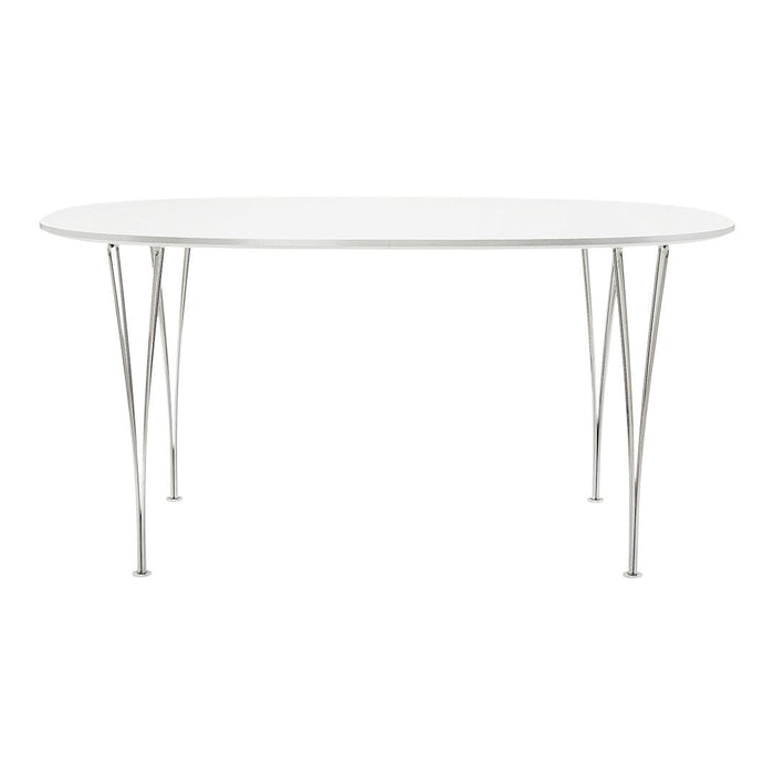 Sleek white oval table with metallic silver legs, featuring a minimalist, modern design. Ideal for contemporary spaces.