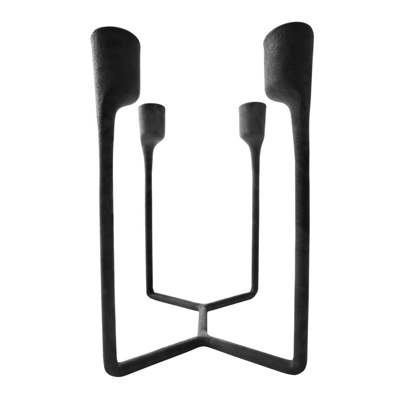 Sleek black metal candle holder with a unique geometric design, featuring four tapered holders.