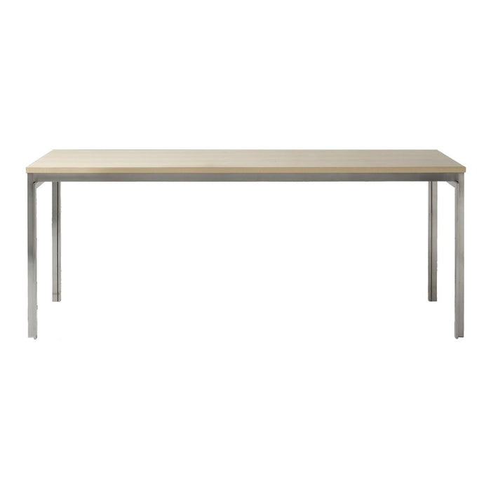 Rectangular dining table with a light gray top and silver metal legs, featuring a sleek, modern design.