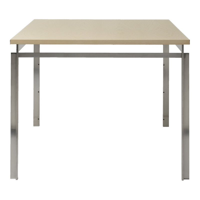"Simple beige tabletop with sleek silver metal legs, ideal for modern minimalist decor."