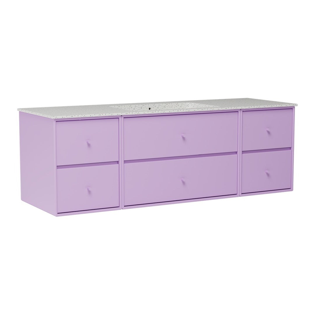Lavender six-drawer dresser with a sleek gray top, featuring a smooth finish and modern minimalist design.