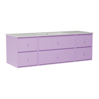 Lavender six-drawer dresser with a sleek gray top, featuring a smooth finish and modern minimalist design.