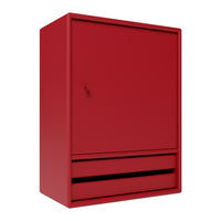 Bold red storage cabinet with a smooth finish and minimalist design, featuring a flat front and sleek horizontal drawer.