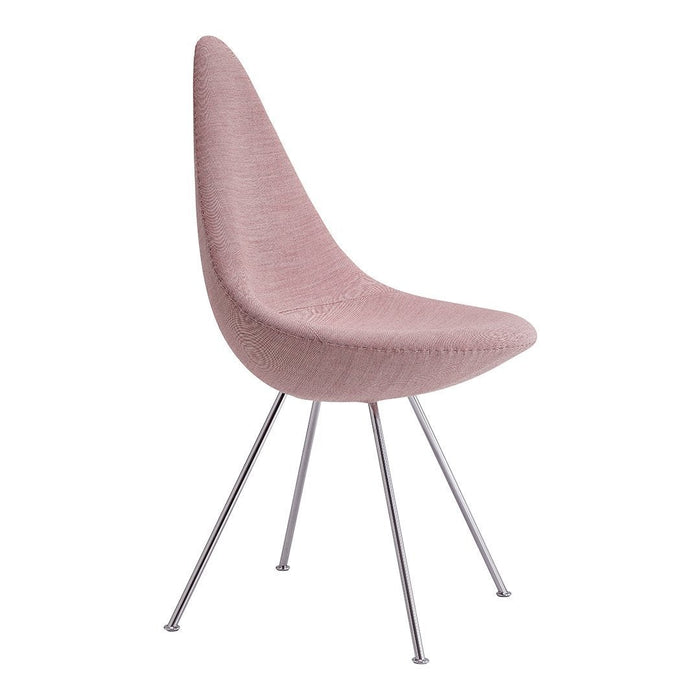Pink upholstered chair with a sleek, teardrop shape and silver metal legs, perfect for modern decor.