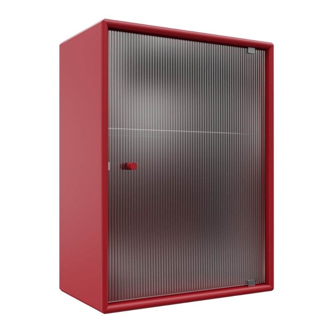 Red cabinet with a sleek silver ribbed door, perfect for modern storage solutions.