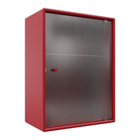 Red cabinet with a sleek silver ribbed door, perfect for modern storage solutions.