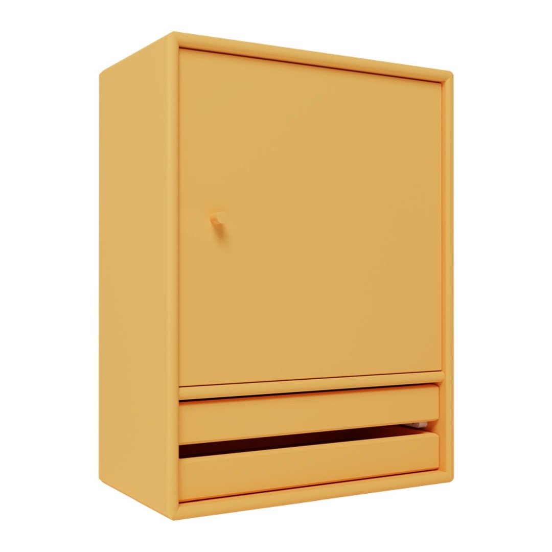Bright orange cabinet with a smooth finish, featuring a single door and two drawers. Simple and modern design.