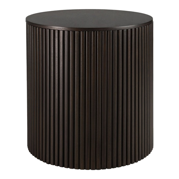 Round, dark brown side table with vertical ribbed texture for a modern touch. Ideal for any contemporary decor.