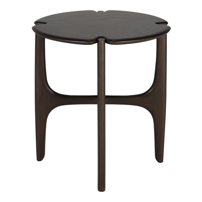 Dark brown, round side table with a unique clover-shaped top and slender legs, emphasizing a modern minimalist design.